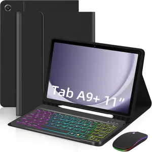 Case with Keyboard Mouse for Samsung Galaxy Tab A9 Plus 11 inch (SM-X210/X215/X216/X218),7 Color Rainbow Backlight Detachable USB-C Keyboard Magnetic Case with Pen Slot for Tablet A9+ 5G Black-USA