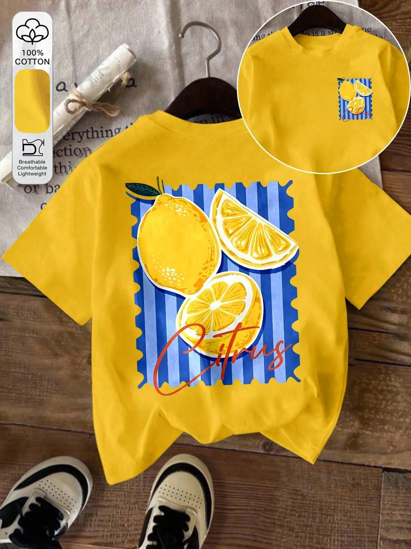 Women's Lemon Print T-Shirt, Pure Cotton Round Neck Short Sleeve, Loose-Fitting Casual Top for All Seasons, Summer
