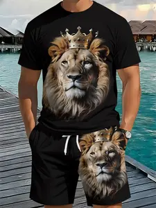 Men's 3D Digital Printed Two-Piece Tracksuit with Crown Lion Portrait, 2Pcs, Trendy Fashion Set, Retro Casual Two-Piece Outfit, Vacation-Style Trendy Wear, Breathable Sports Casual Style, Perfect Festival Gift for Men, Top, Clothes