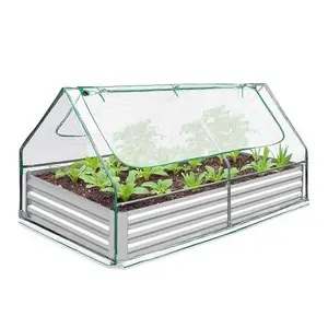 GAOMON Raised Garden Bed with Greenhouse, Outdoor Galvanized Metal Planter Box Kit with 2 Large Screen Windows and 1 Pair of Gloves 6x3x3 FT 3-in-1 Gardening Set for Vegetable Flower Herb Succulent Clear