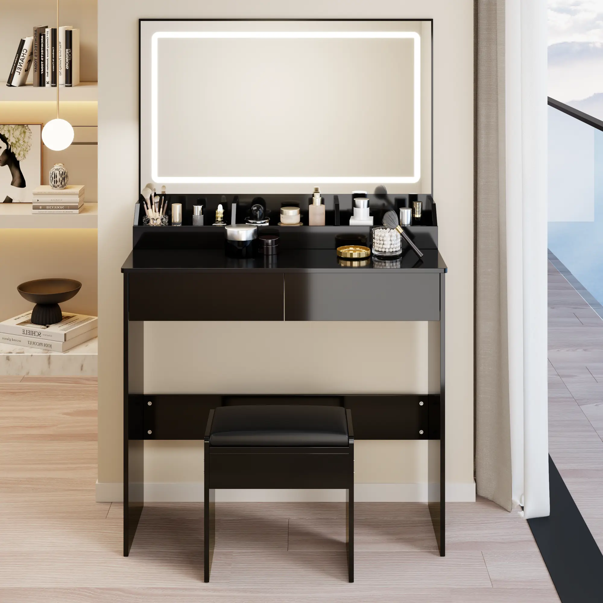 31” x 20" LED Makeup Vanity Table with Touch Switch, Adjustable Brightness, 3 Colors, Soft Cushion Stool & Ample Storage - Compact Design for Small Spaces backlit mirror