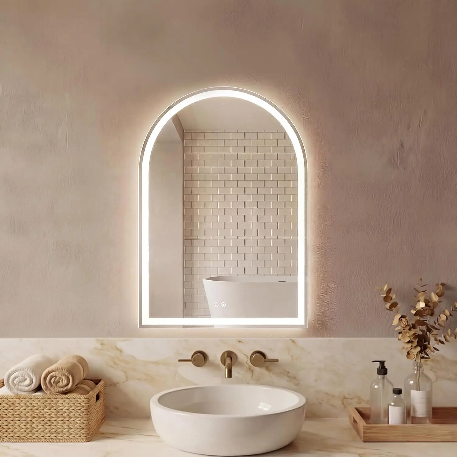 Smart LED Bathroom Mirror with Anti-Fog, Arch Shape Dual Lights, 3 Color Temperature Memory Dimming, 4 Size Options (20×28–28×36 in),White