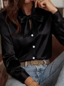 Elegant solid color satin fitted blouse Shirt tops for women, long sleeves, single-breasted design, perfect for spring, summer and autumn, genuine fit.