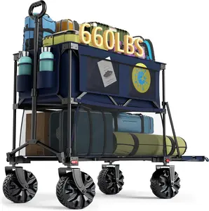 Collapsible Double Decker Wagon Folding Utility Cart with Tailgate, Beach Wagons with Big Wheels, 660LB Heavy Duty Foldable Wagon 14 FT³ Large Capacity for Camping, Sports, Garden