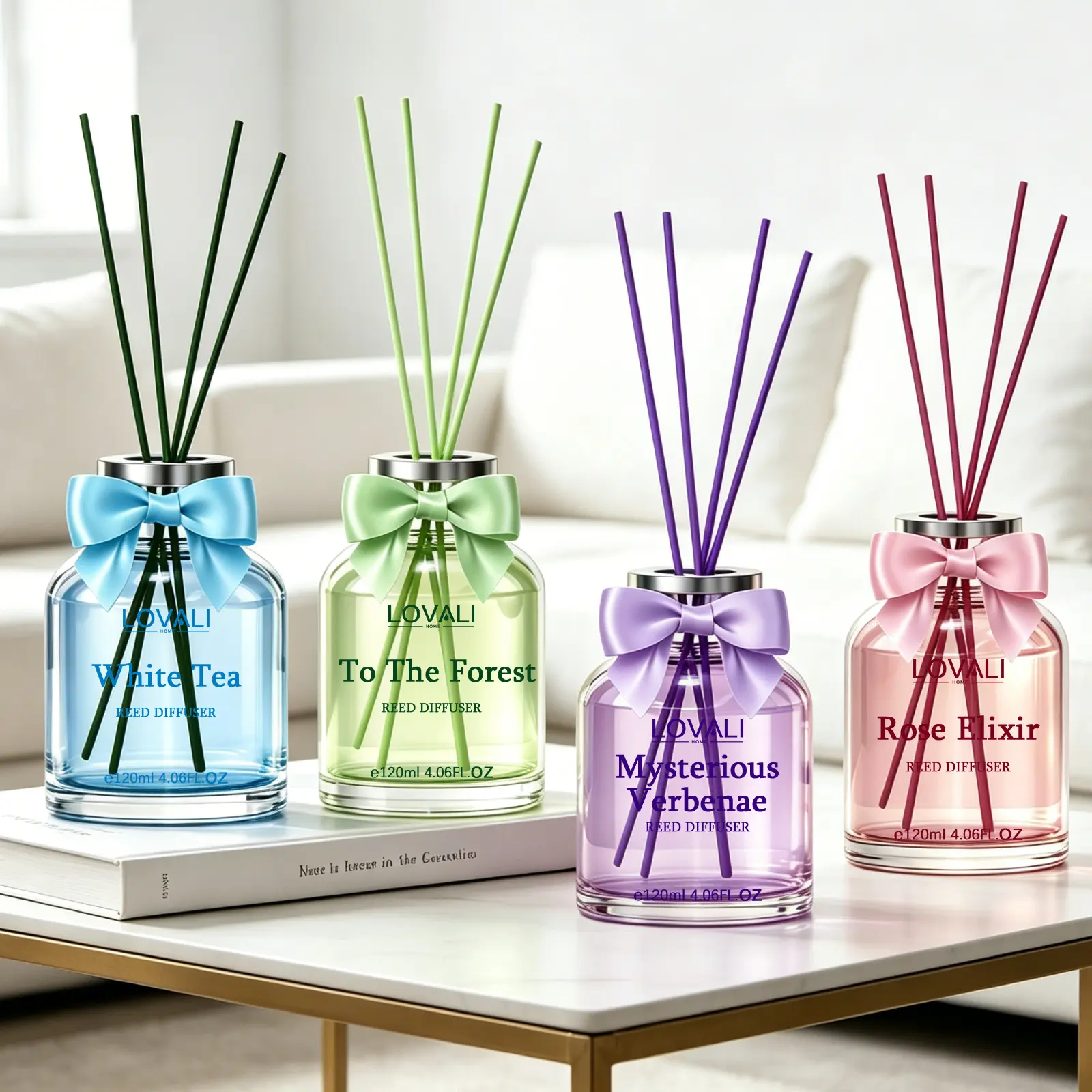 LOVALI Alcohol-Free Scented Reed Diffuser Bottle, 120ML/4.06OZ Home Fragrance Decor Accessory, 4 Aroma Options (Rose, Pine, Lavender, White Tea), Long-Lasting Air Freshener for Casual Home Use, Auspicious Gift for Moms, Girlfriends