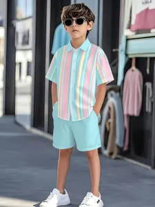 Boys' Summer Set, Matching Outfits Set, Short Sleeve Shirt + Shorts, Casual Striped Two-Piece Set, Kids Fashion Clothing, Summer Wardrobe Essentials