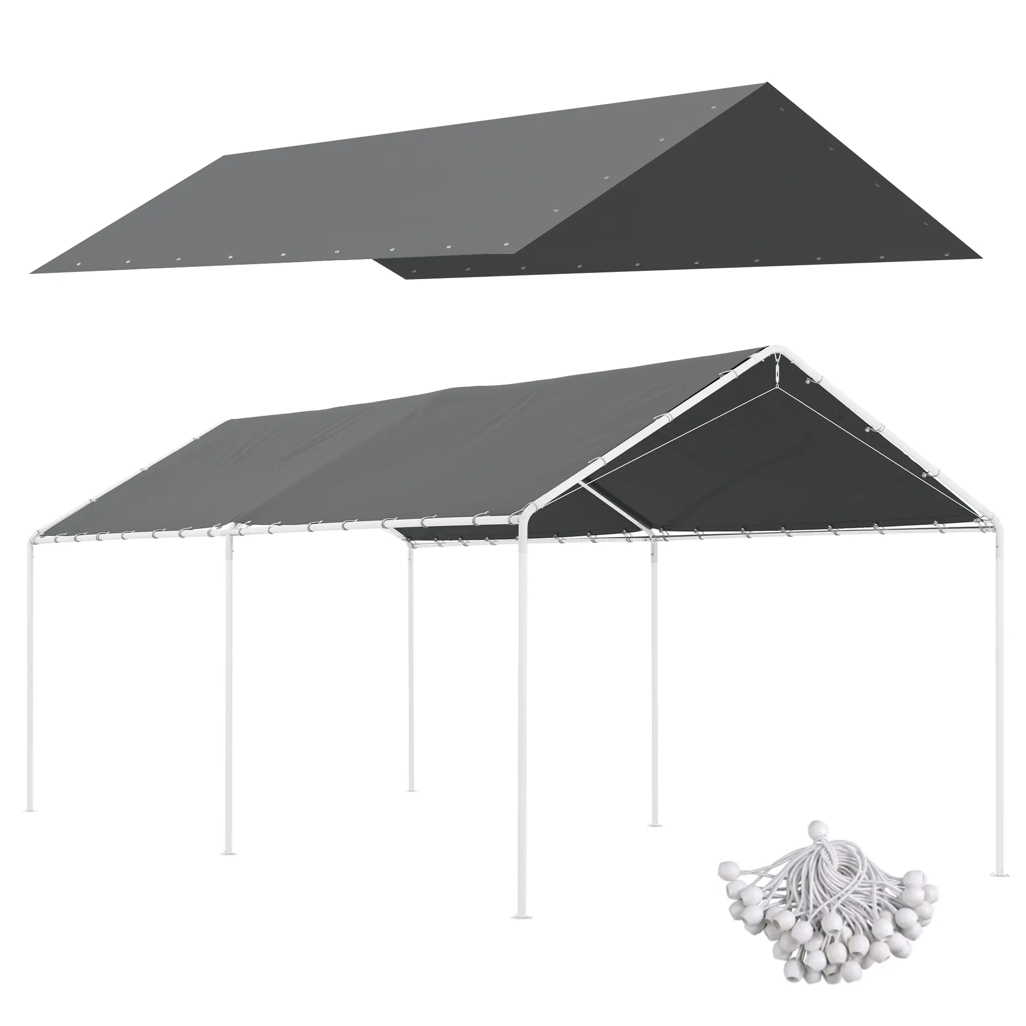 Outsunny 10'x20' Carport Replacement Top Canopy Cover - Durable Polyethylene, UV Resistant, Water Resistant, Light Rain Protection, Snug Fit, Ball Bungee Cords for Portable Garage Tents