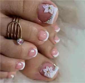 French Tip Press on Toenails Short Square Fake Toe Nails White Flower False Toenails 3D Floral Toe Press on Nails with Rhinestones Design Glossy Pink Acrylic Toenails Summer Nails for Women 24Pcs
