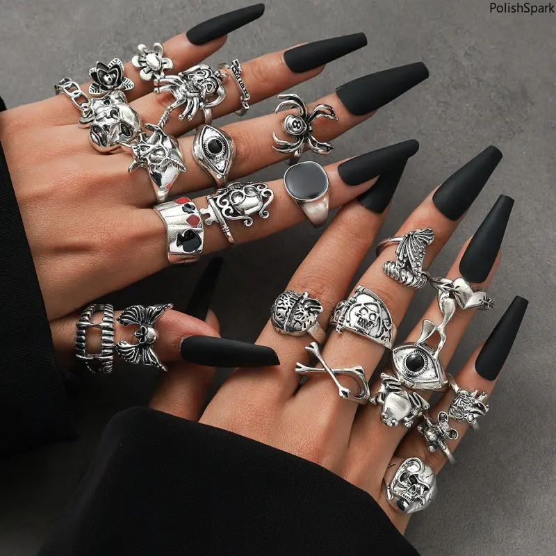 24 Piece Gothic Punk Stackable Ring Set for Women & Men – Vintage Silver Skull Spider Bat Eye Rings, Multi-Size, Y2K Emo Dark Aesthetic Jewelry for Daily & Halloween Wear tiktokshopbacktoschool