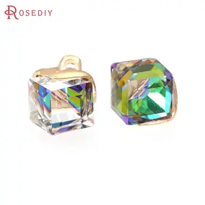10PCS 8x8MM Gold Color Plated with Glass Cube Earring Charms Pendants Diy Jewelry Findings Accessories