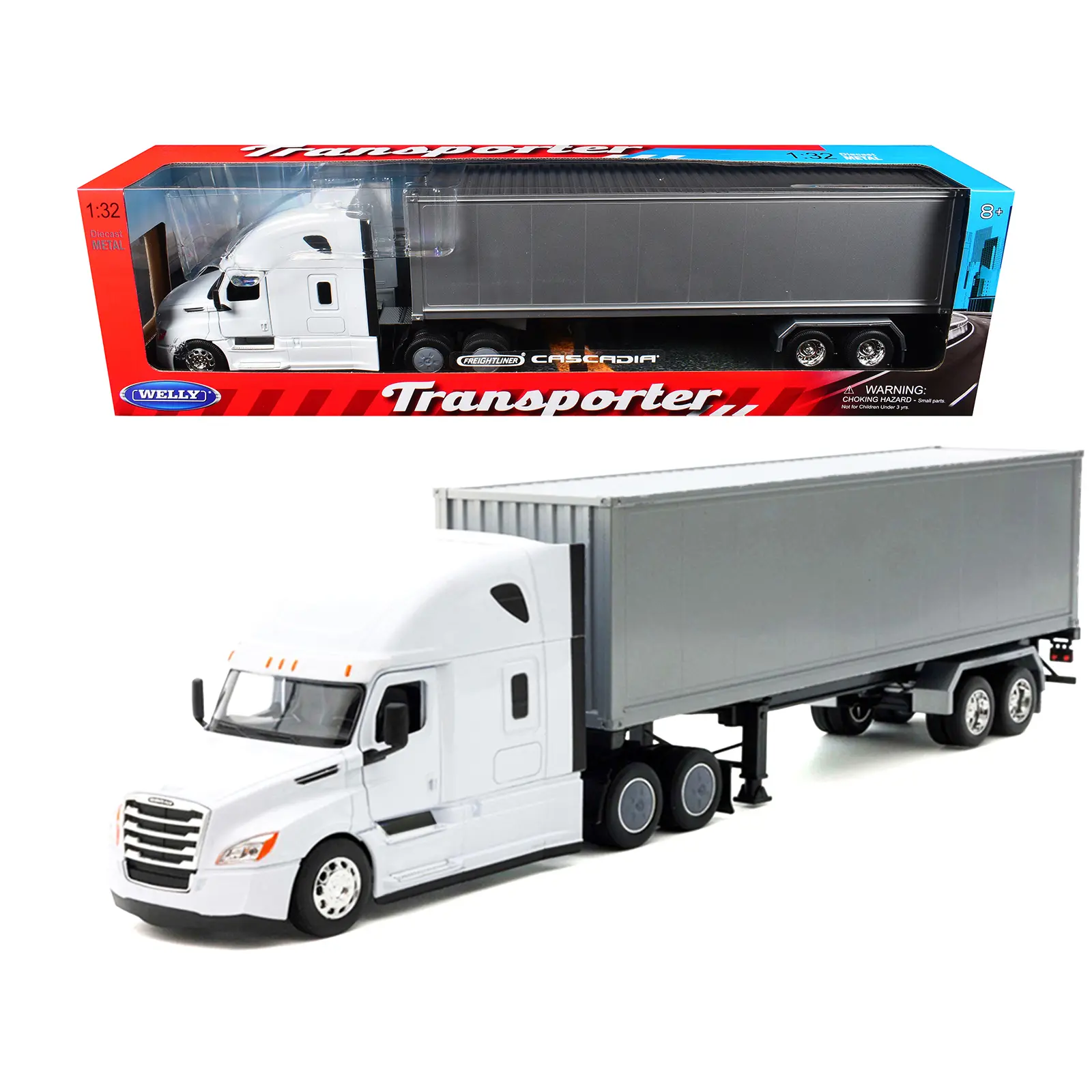 Freightliner Cascadia Truck White with Gray Container "Transporter" Series 1/32 Diecast Model by Welly