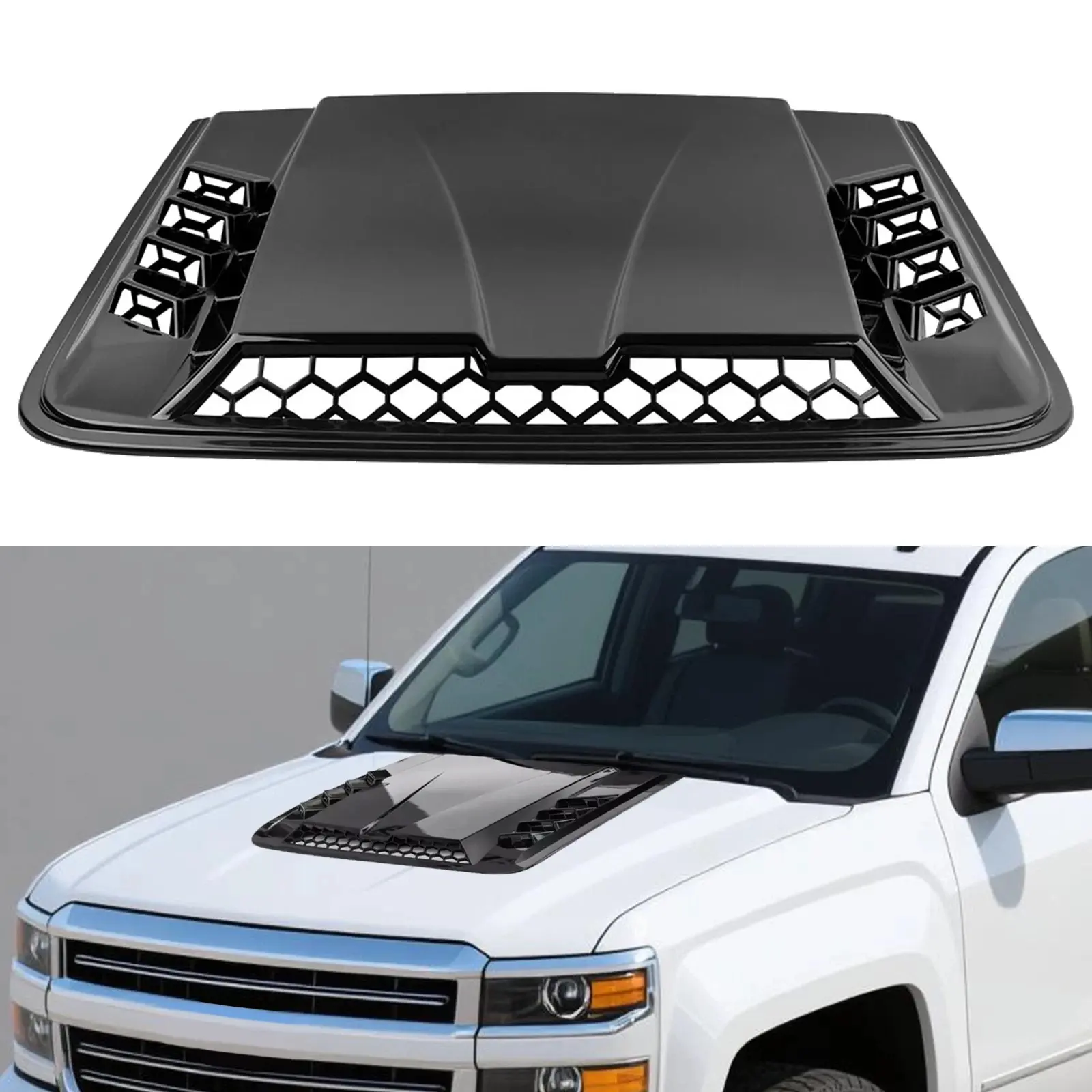3D Glossy Black Decorative Fake Air Intake - 51 × 47 Cm Durable ABS Self-Adhesive Muscle-Inspired Exterior Accessory, Universal Fit for Vehicles with Larger Hood Surfaces, Truck Accessories, Cars, SUVs & Pickups, Hood Vent Cover