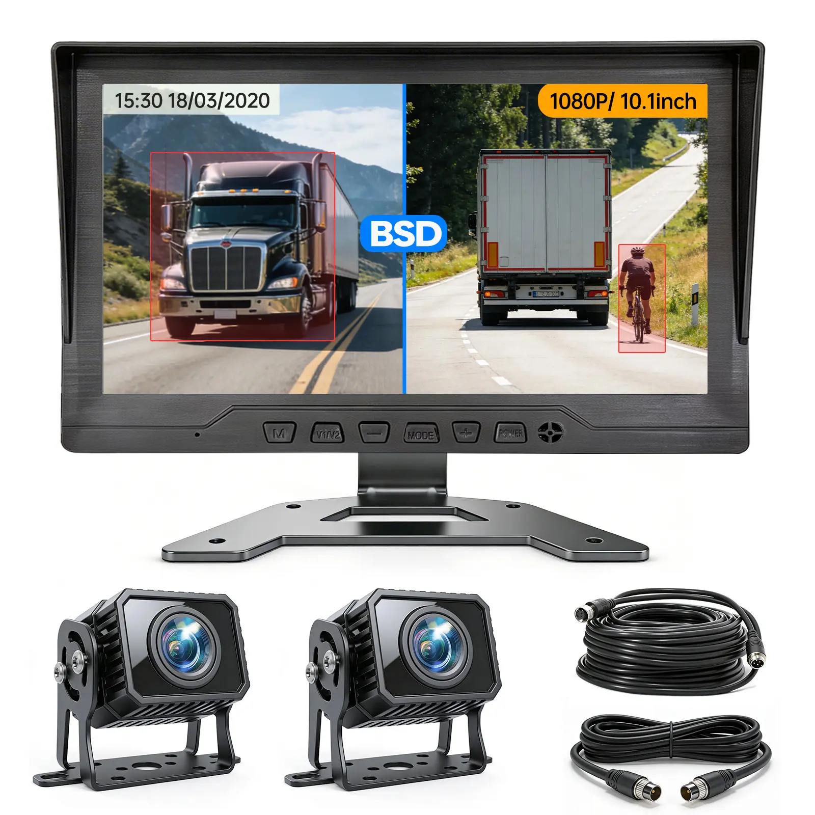 ConewVehicle 2CH AHD Camera Wired RV Backup Camera System Dash Cam for Truck/RV/Trailer/Bus/Tractor 10.1" Monitor Loop Recording BSD system Split Screen 1080P Rear View&2 Side View Camera Night Vision IP69 Waterproof