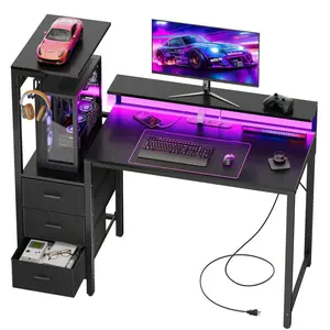 Gaming Desk With Monitor Stand & Dresser, LED Lights, Built-In Power Outlets & USB Charging, Home Office Computer Desk With Storage Drawers, PC Tower Stand & Headphone Hook, Modern Workstation For Bedroom & Living Room