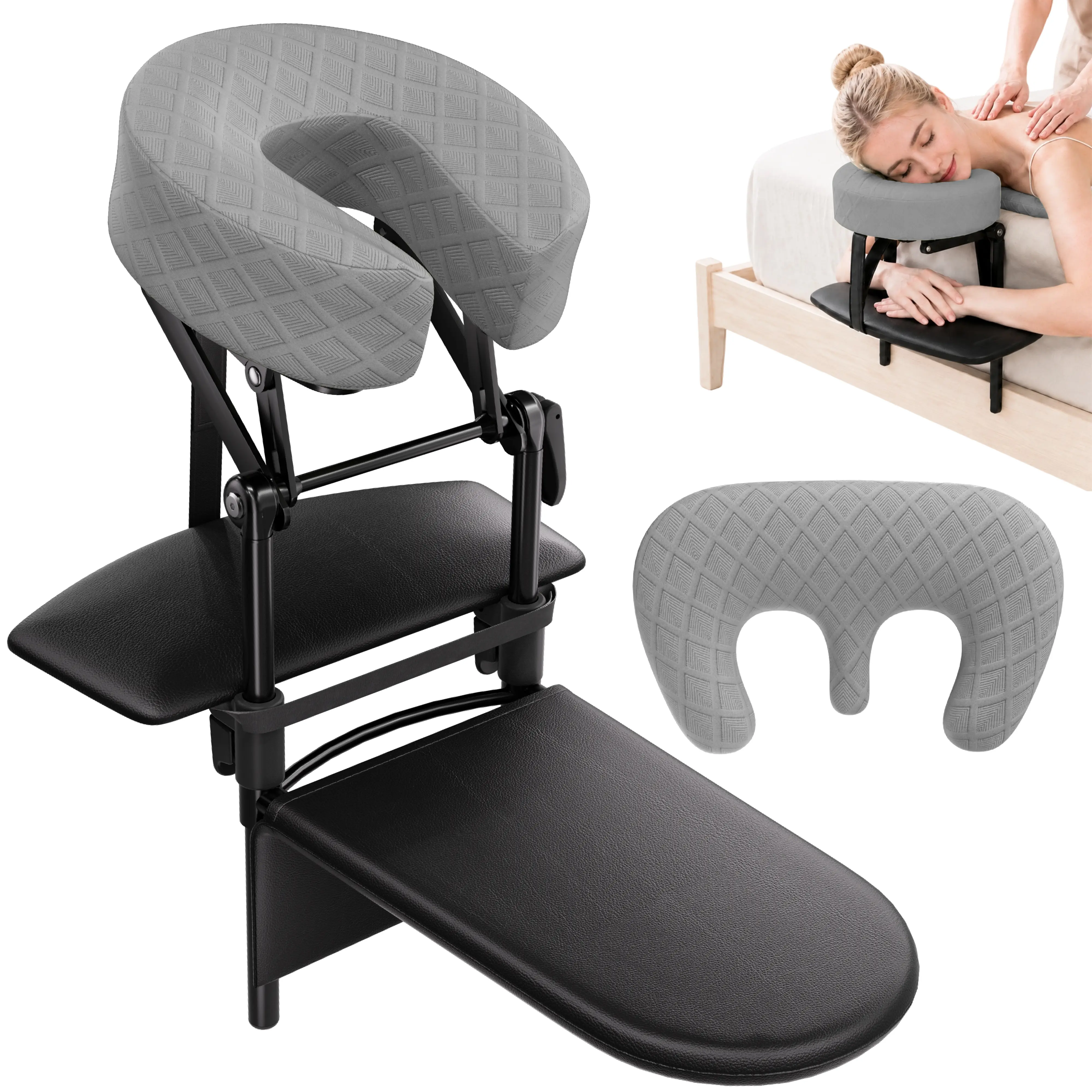 AIRHOP Massage Headrest for Bed, Adjustable 7"-17" Height Ergonomic Face Cradle, Comfortable for Mattress Spa & Relaxation Grey (with Armrest Shelf & Breast Pillow)