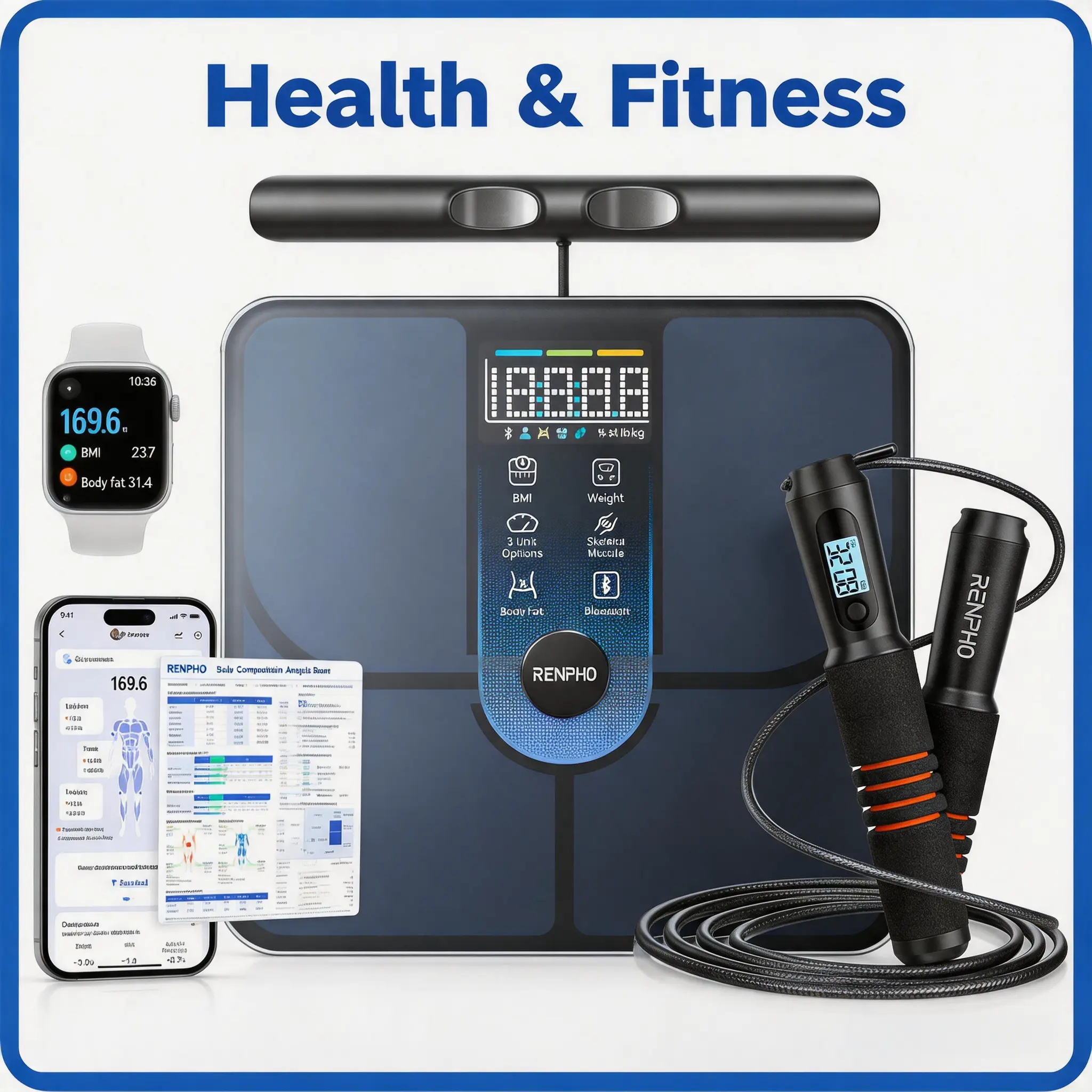 RENPHO Fitness Bundle: 8-Electrode Smart Body Scale & Bluetooth Smart Skipping Rope, Morphoscan Lite, 400lb Capacity, Auto-Recognition, Tracks BMI, Body Fat & Muscle Mass, Jump Rope with LED Counter, App Sync, Home Fitness Workout Gift Set
