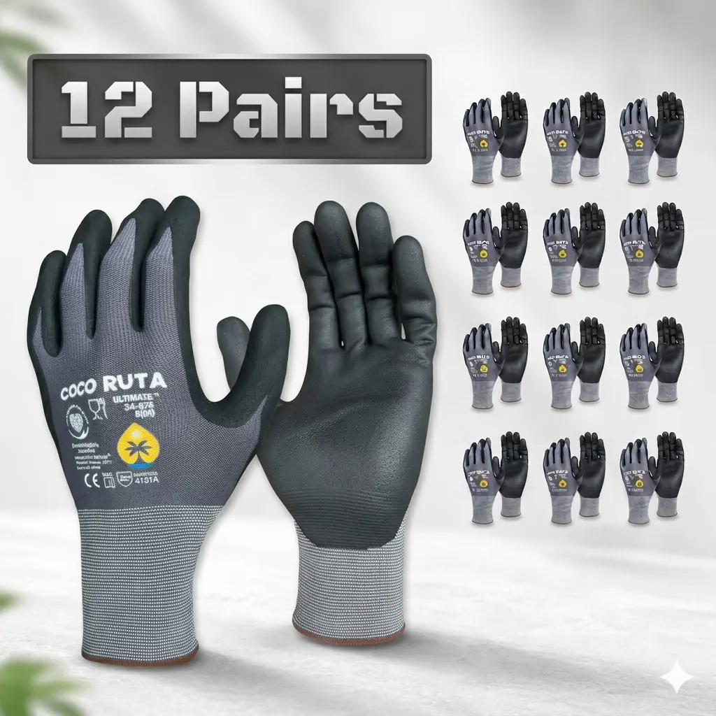 COCO RUTA Precision Handling Work Gloves, Foam Nitrile Grip, Breathable Nylon Safety Gloves for Mechanics, Construction, Gardening & Warehouse