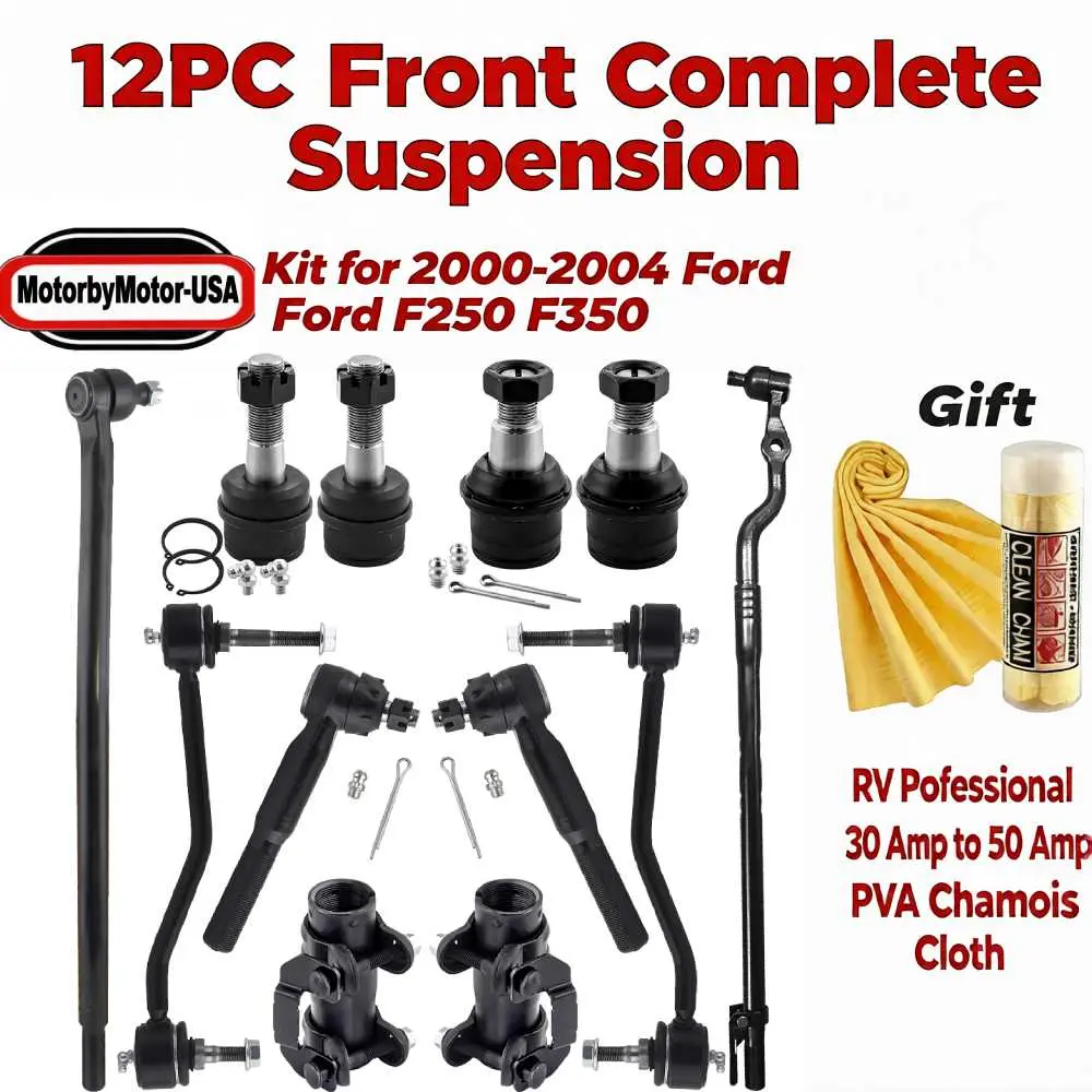 【Buy 1 Get 1 Free】12pc OE-Match Front Complete Full Set Suspension Kit for 2000-2004 Ford F250/F350 Super Duty, 2000-2005 Excursion 4WD 4x4 Bolt-On Parts - Upper Lower Ball Joints, Tie Rod Ends, Sway Bar Links, Adjustment Sleeves, Replacement, Automotive