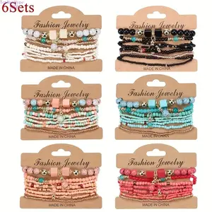 Women's 6Pcs Vintage Boho Beaded Bracelet Set - Multilayer Stackable Stretch Bangles, Colorful Ethnic Seed Bead Jewelry, Handmade Elastic Geometry Accessories, Ideal for Daily & Festival Styling, Bracelets for Women