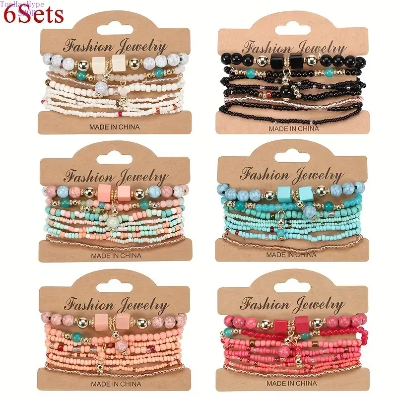 Bracelets for Women, 6-Piece Boho Handmade Stacking Bangles, Ethnic Seed Beads on a Stretch Fit Rope Base, Festival Wear, Colorful Beads, Fashionable Bracelet, Layered Bracelet Set