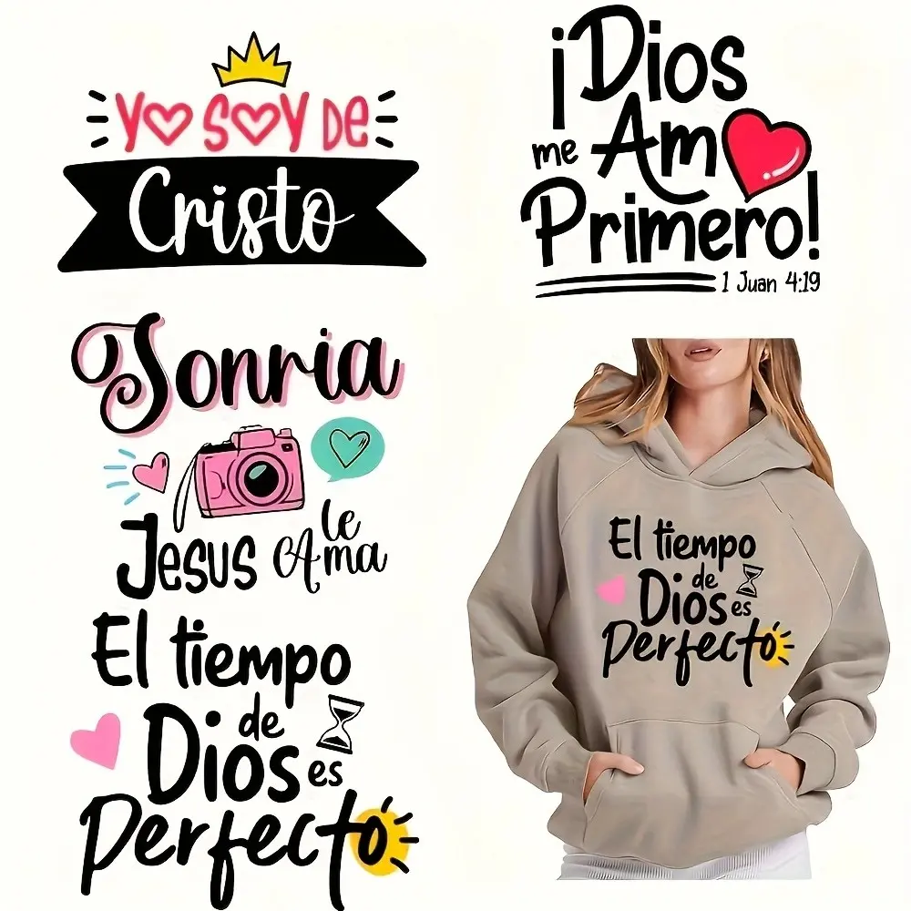 Spanish Language Unique Phrases Iron-On Stickers, DIY T-Shirt Jeans Mask Backpack Decorative Durable Vinyl Decals, Multi-Color Mix Pack, 6 Sheets