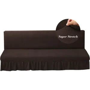 Stretch Armless Futon Cover with Skirt Knitted Jacquard Futon Sofa Bed Cover Machine Washable Futon Couch Cover Futon Sofa Cover Furniture Bed Protector with Elastic Bottom for Kids,Pets(Coffee)