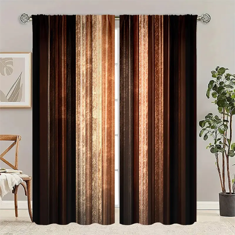 2-piece set, gradient brown template, printed semi-transparent window drapes, pole bag curtains, Ombre Curtains, Home Decorative Curtain, suitable for living room, bedroom and home decoration, machine washable, hookless