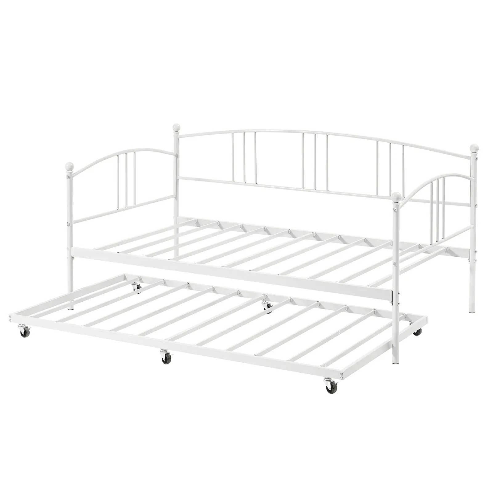 Gaomon Sturdy Platform Bed - White, Twin Metal Frame, Arched Headboard, Clean Lines, Steel Slat Support, Durable Pull-Out Twin-Sized Trundle, Quick-Setup Multi-Use Sofabed, Space-Saving for Guest Room, Assembly Required