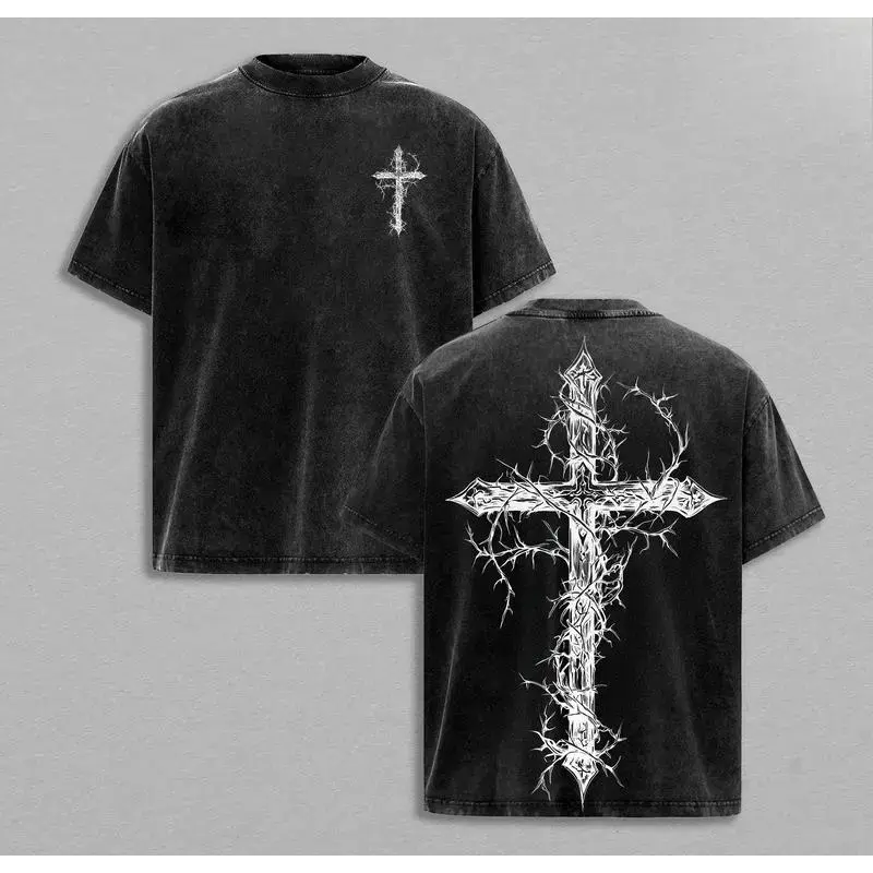 Thorn Cross Gothic Cross T-shirt Washed Biblical Cross Art Tee Jesus Tshirt , Cross Tee, Christian Apparel Streetwear Menswear Oversized Top Men and Women Bible Verse Church Outfit Gym Pump Cover 90s graphic good tees Casual American Short Sleeve T-shirt
