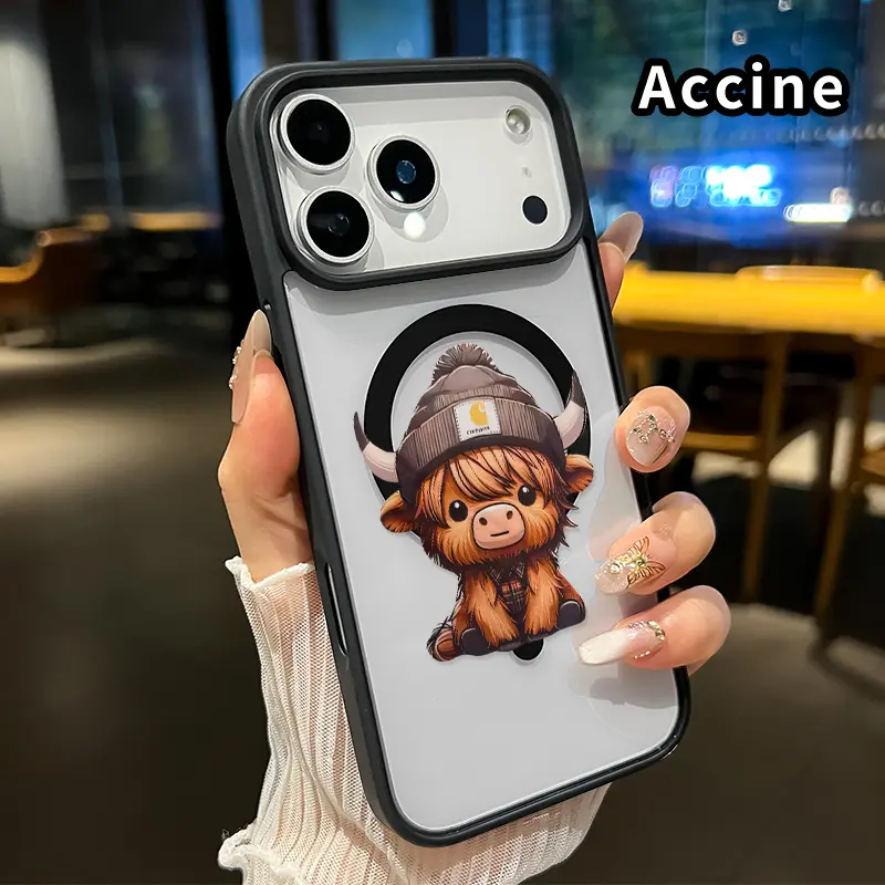 Magnetic Phone Case for iphone 17 Pro Max 16 Plus 15 14 13 12 11 XR Air E Cute Highland Cow Pattern Transparent Acrylic Four Corner Shock-absorbing Airbag Hard Cover for Boy