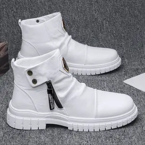 Men's Chunky Lace-Up Ankle Boots White Golden-Tone with Buckle-Like Strap All-Season High-Top Chelsea Boots PU Upper Rubber Sole Versatile Workwear Sneakers for Casual Formal Wear Short Height