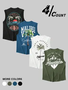 Men's 4-piece Hawaiian Tank Top, Sleeveless Tank Tops, Coconut Tree and Beach Pattern Screen Printed, Loose Sleeveless, Sleeveless Loose Design, All Day Comfort, Ideal for Beach Vacation, Casual Wear, Durable Tropical Printed for Vacation and Summer Style