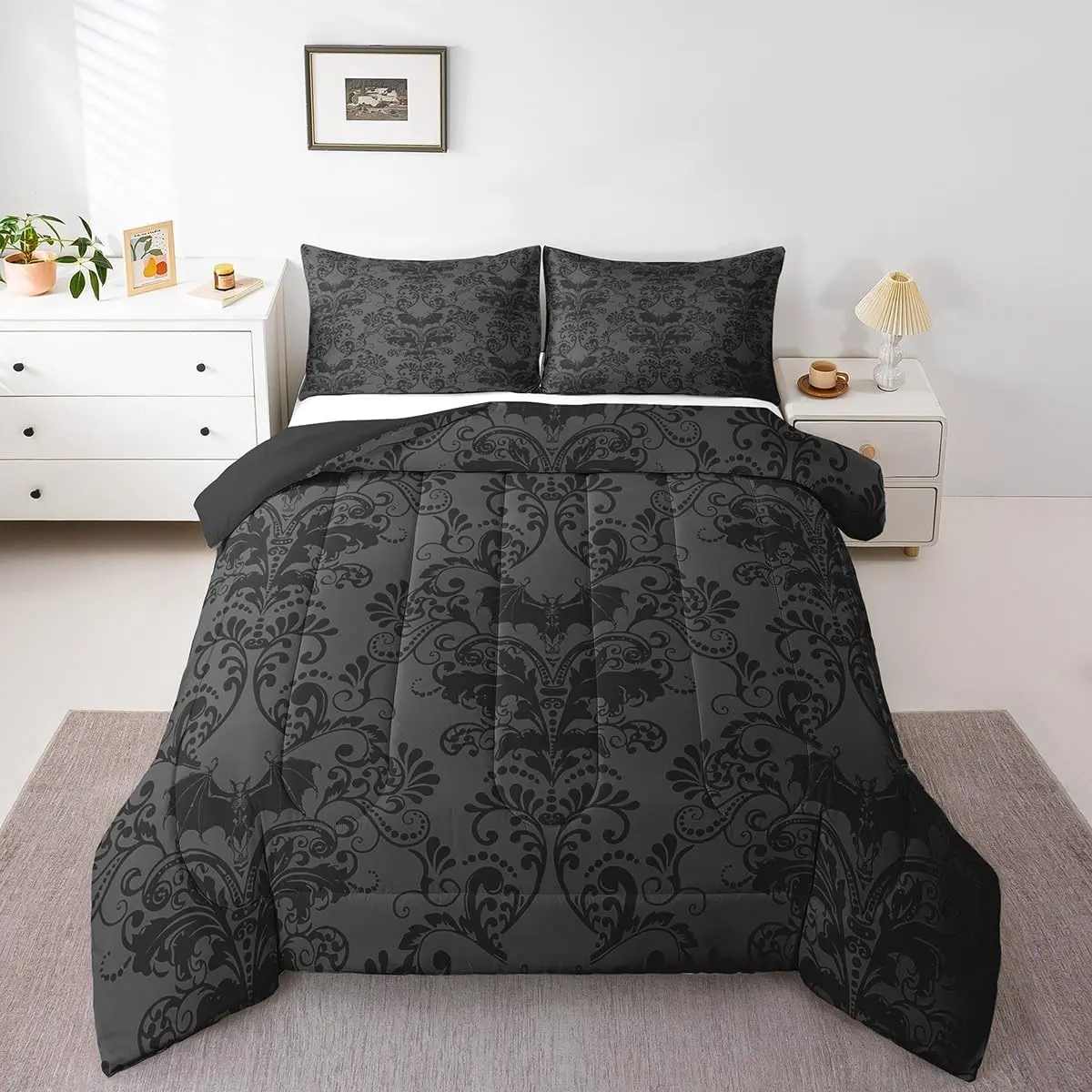 Feelyou Microfibre Decorative Bedding Set - Adult Gothic Look Glam Damask Print Queen/King Comforter, Victorian Baroque Polyester Fibre Duvet Insert, Breathable Machine-Washable Travel-Friendly Grey (Multi-Size)