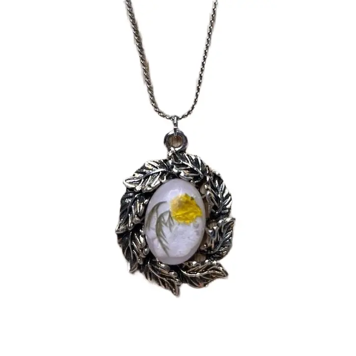 Victorian Frame Flower Oval Necklace with Flower Pendant and Silver Chain