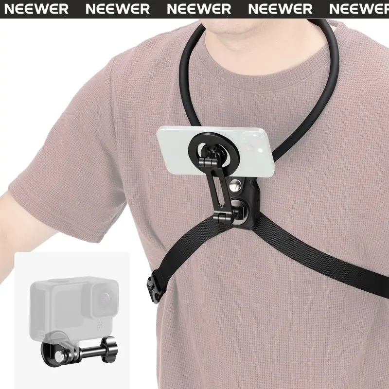 NEEWER GP26 Magnetic Neck Holder for Action Camera & Phone, Hands Free Neck Mount with Chest Strap Compatible with GoPro DJI Insta360 iPhone, Neck Phone Holder for POV Vlog Video Recording tiktokshopbacktoschool