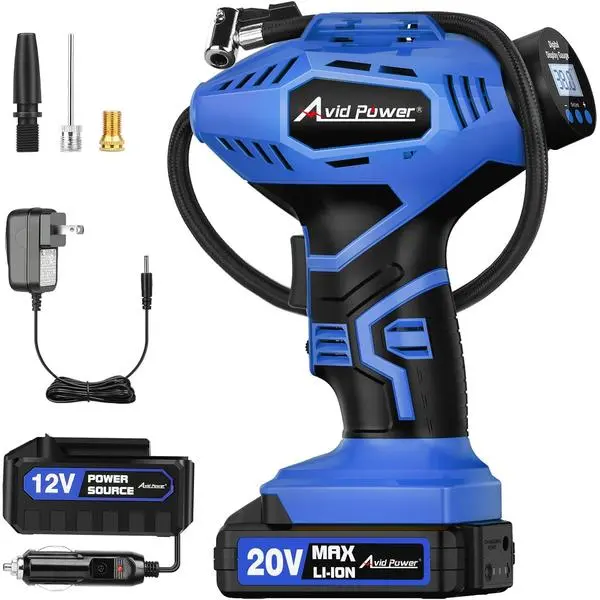 Cordless Tire Inflator Portable Air Compressor, 20V Rechargeable Battery Powered Car Tire Pump w/ 12V DC Adapter, Digital Pressure Gauge, Air Pump for Car, Bike, Motorcycle, Ball