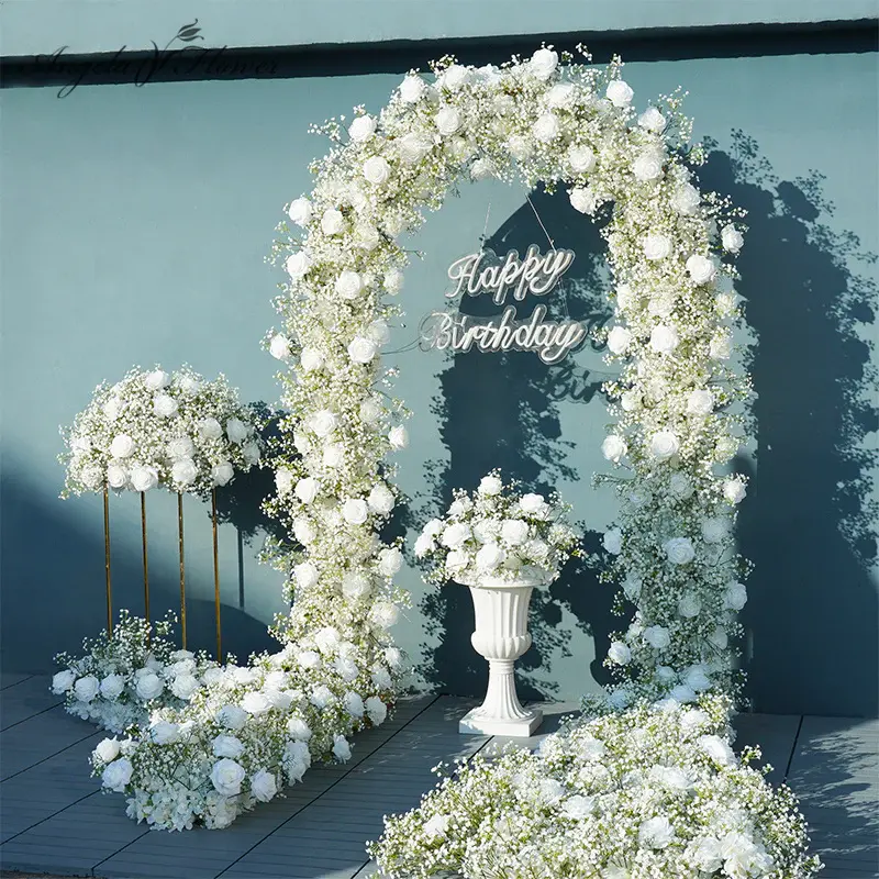 S-A7672 2pcs/Set Decorative Silk Faux Flowers, Luxury White Rose & Baby's Breath Arrangement for Wedding Events, Home Decor Supplies