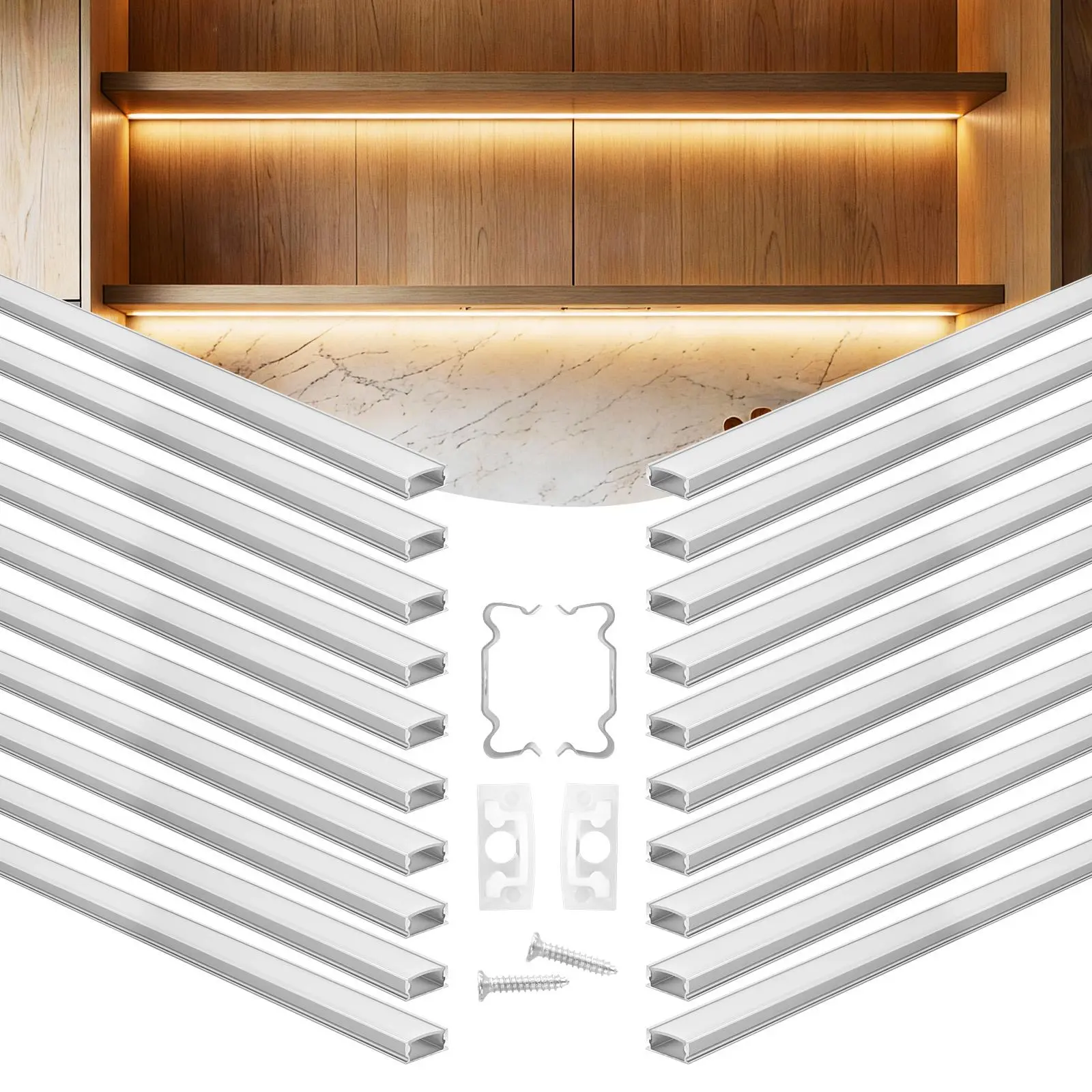 【Father's Day Gift】VEVOR 20-Pack U-Shape LED Aluminum Channel (6.6 ft/2M) with Milky Cover, End Caps, Mounting Clips, Sleek and Elegant Home Decor Profile for Easy LED Strip Light Installation on Under Cabinet, Wardrobes, Bookshelves (Holiday Ready), Led