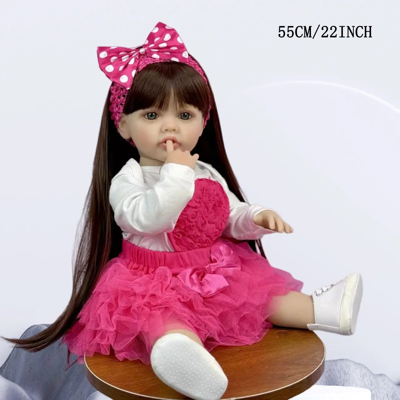 Lifelike Reborn Doll, 55cm/22inch Soft Vinyl Soft Doll Princess Toddler with Pink Polka Dot Bow Headband, 3D Rose Tutu Dress, Art Toy for Girls’ Birthday Presents, Soft Dolls