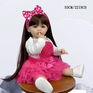 Lifelike Reborn Doll, 55cm/22inch Soft Vinyl Soft Doll Princess Toddler with Pink Polka Dot Bow Headband, 3D Rose Tutu Dress, Art Toy for Girls’ Birthday Presents, Soft Dolls