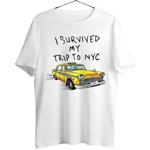 Men's Round Neck Soft Cotton Short-Sleeve Streetwear T-Shirt - Unisex NYC "I Survived My Trip" Spider Tom Graphic, Yellow Taxi Movie Theme, Breathable Sweat Fabric, Oversize/Cropped Options, Casual Day Top, Ideal Gift, Tshirt