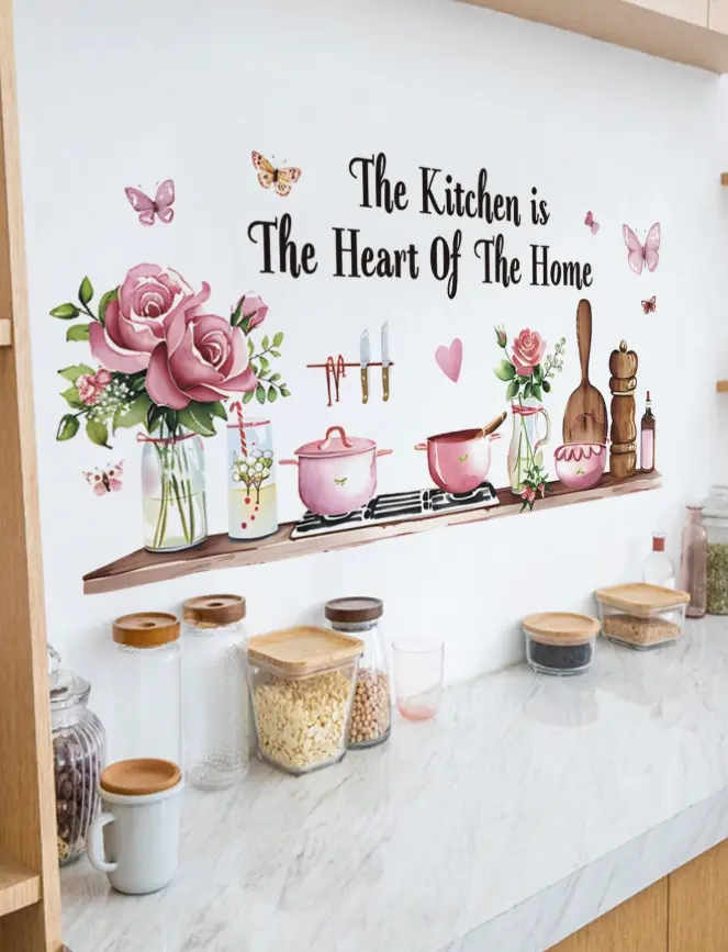 1pc Pink Rose Dinnerware English Quote Wall Decal – Removable Floral Wall Sticker for Kitchen, Dining Room, Bedroom & Home Decor, Aesthetic Inspirational Wall Art