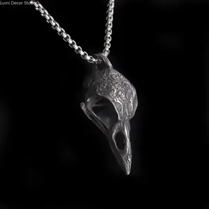 Engraved Raven Skull Pendant Necklace for Men | Vintage Gothic Crow Skull Jewelry | Norse Viking Style Antique Silver Chain Necklace for Punk & Streetwear
