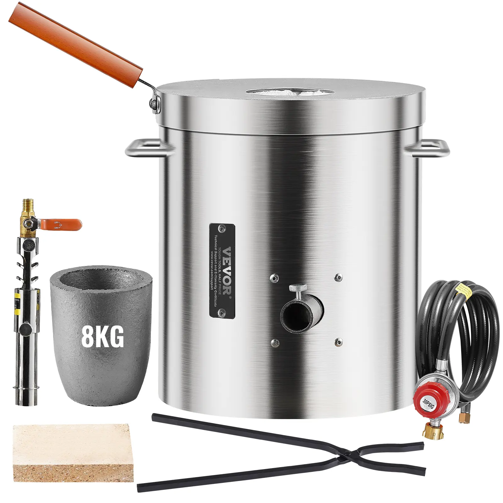 【Summerfinds】VEVOR Propane Melting Furnace Kit, 8KG/18lbs Stainless Steel Weld-Free Body Foundry Kiln with Wood Handle, Crucible, Tongs, Fast Heatups, Easy Installation & Use for Outdoor Metal Smelting (Gold, Silver)