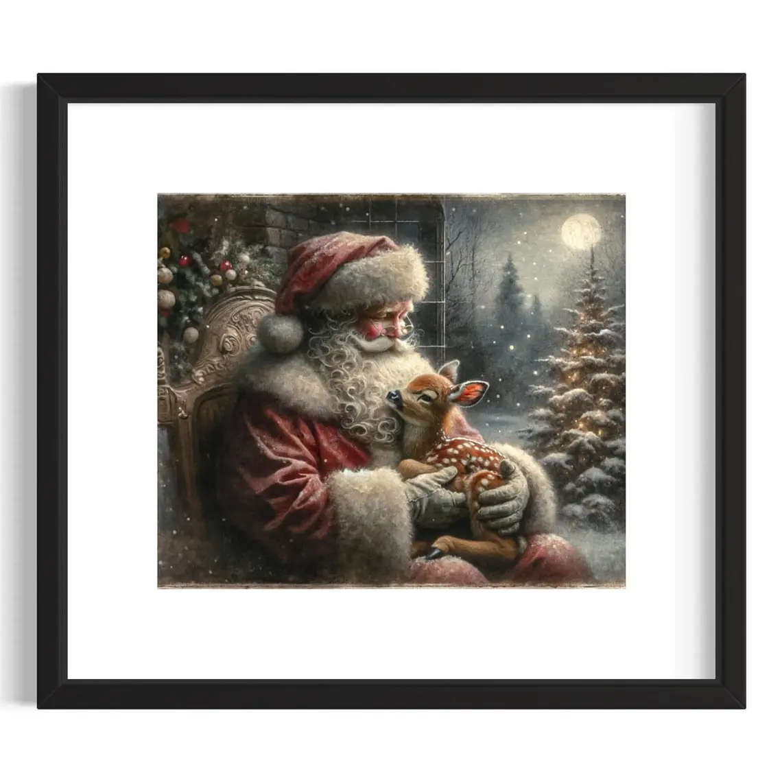 Christmas Holiday Antique Art Poster, Vintage Santa Claus and Reindeer Print, Winter Wonderland Wall Decor