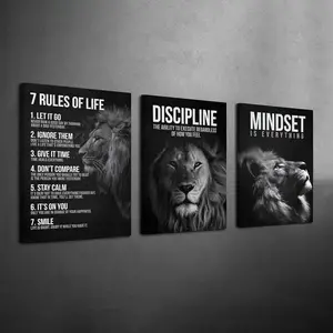 3Pcs 12*18inch Framed Lion Wall Art | 7 Life Rules Motivational Canvas Prints Inspirational Lion Quote Wall Decor Ready To Hang Home Office Art Modern Wooden Framed Canvas Powerful Life Mindset Wall Art Set