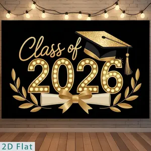 Polyester Party Banner Backdrop, 2D Flat Multi-Size Soft Texture Decor with Class of 2026 Marquee Light Graduation Emblem, Golden Cap and Diploma Design, Suitable for Graduation Party Decorations