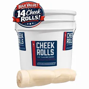 9-12” Plain Beef Collagen Cheek Roll Bucket (14 Pack) 100% Natural and Extra-Thick - Single-ingredient - Long-lasting for Big Dogs and Aggressive  Chewers
