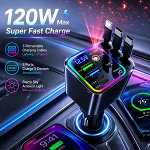Ultimate Power Station for Phone, Pad & Laptop,Car Charger: Starry LED,1-Click Galaxy Projector,Tangle-Free Retractable Cables & Super Fast Charge,PD20W,USB-A 65W,All 120W Max,Power Hub