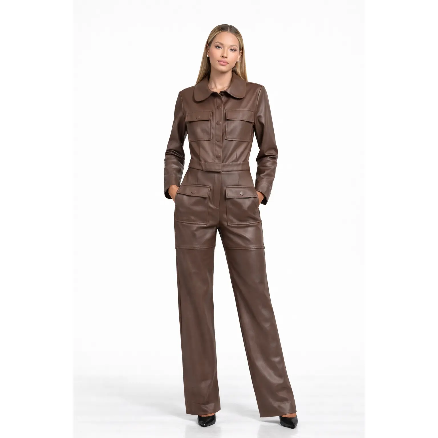 Vegan Leather Cargo Jumpsuit Brown